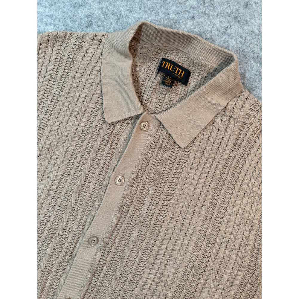 Truth by Republic Mens Tan Cable Knit Button Up Short Sleeve Polo Shirt Large